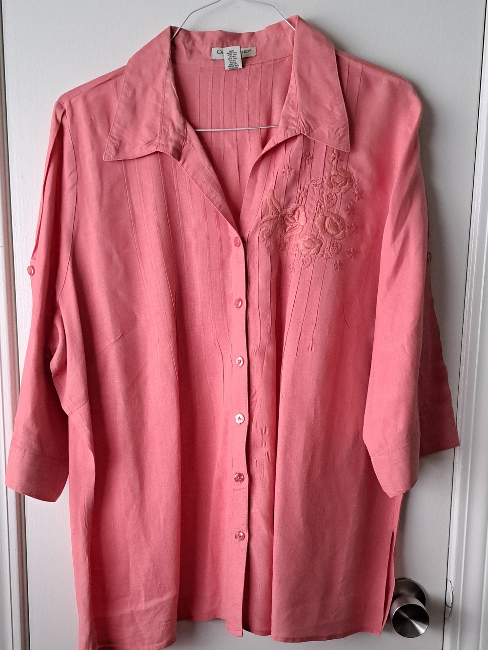 Casual Embroidered Salmon Pink Button-Up Blouse - Women